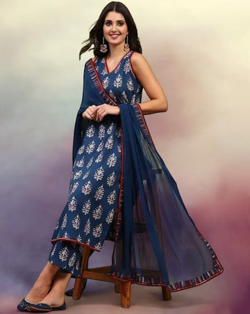 VBA Navy Blue Cotton Sleeveless Pure Cotton Kurta Set