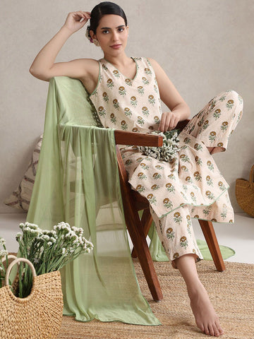 VBA Cream Cotton Sleeveless Pure Cotton Kurta Set