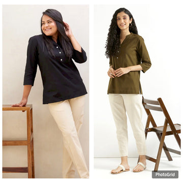 Black & Olive Green Airy Solid Linen Comfortable Short Kurta For Women Combo