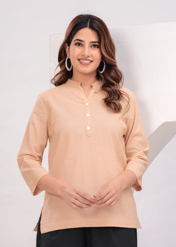 Beige Solid Linen Comfortable Short Kurta