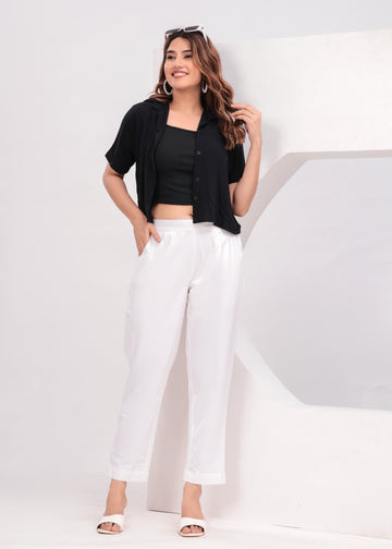 White Everyday Solid Airy Linen Cotton Pant