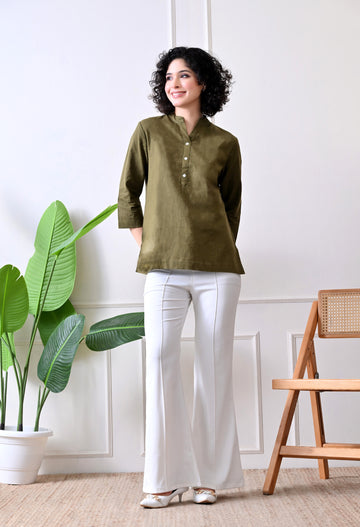 Olive Green Airy Solid Linen Comfortable Short Kurta
