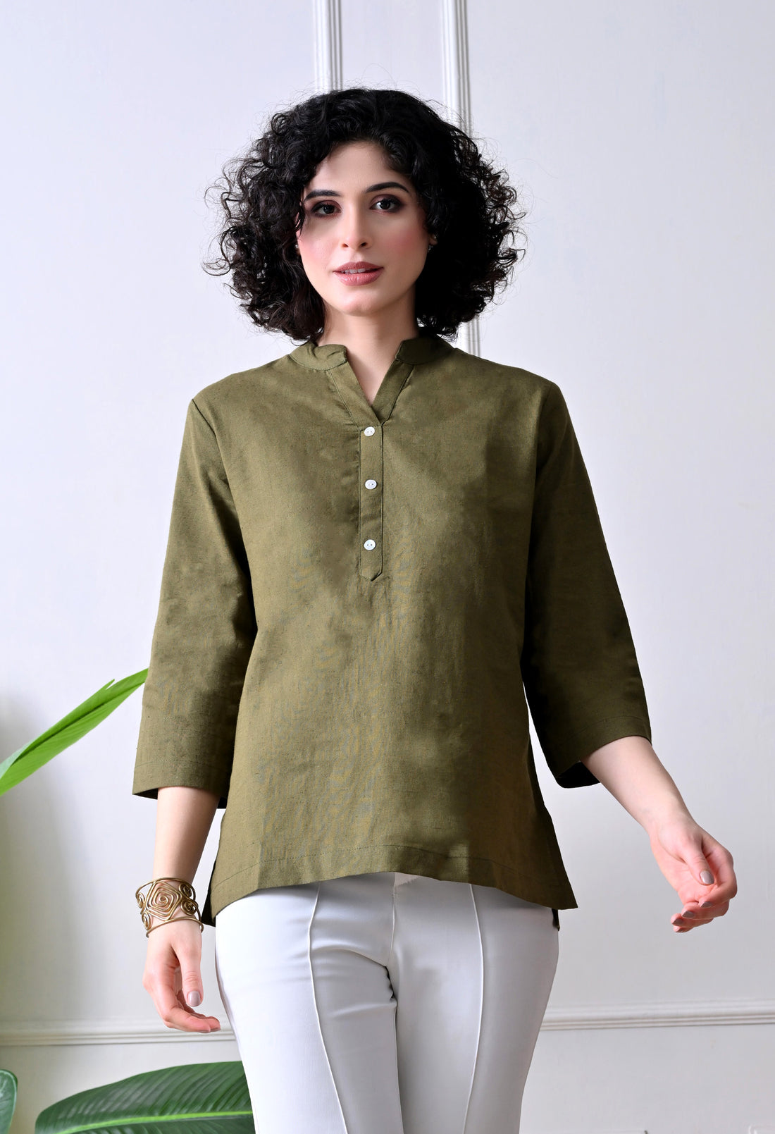 Olive Green Airy Solid Linen Comfortable Short Kurta