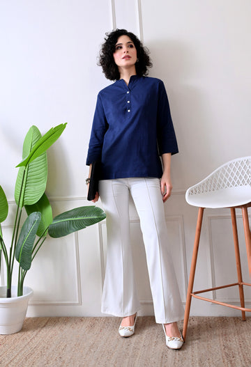 Navy Blue Airy Solid Linen Comfortable Short Kurta