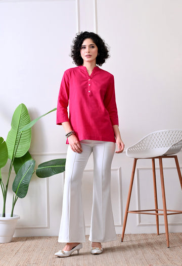 Hot Pink Airy Solid Linen Comfortable Short Kurta