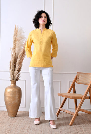 Yellow Airy Solid Linen Comfortable Short Kurta