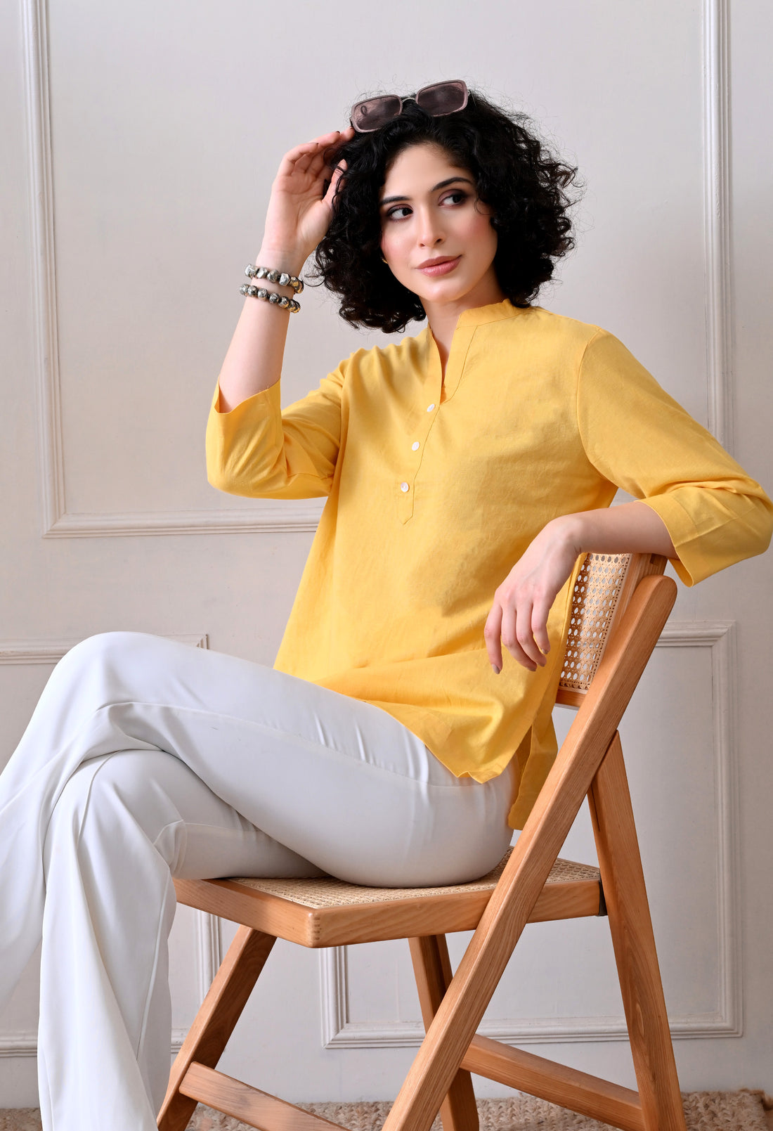 Yellow Airy Solid Linen Comfortable Short Kurta