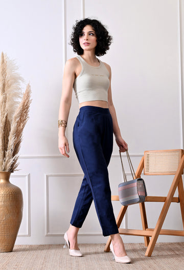 Navy Blue Everyday Solid Airy Linen Cotton Pant