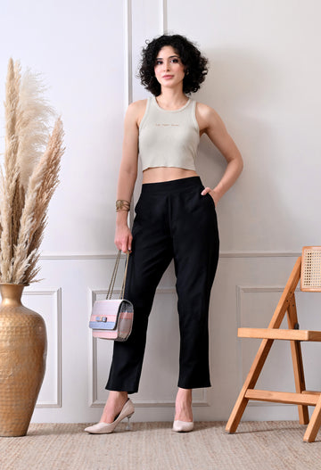 Black Everyday Solid Airy Linen Cotton Pant