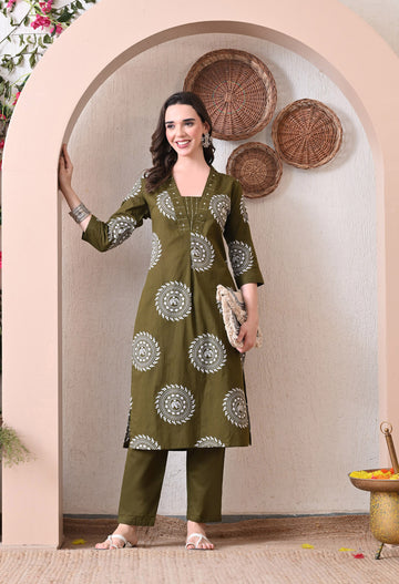 VBA Mehndi Green Cotton Kurta Set