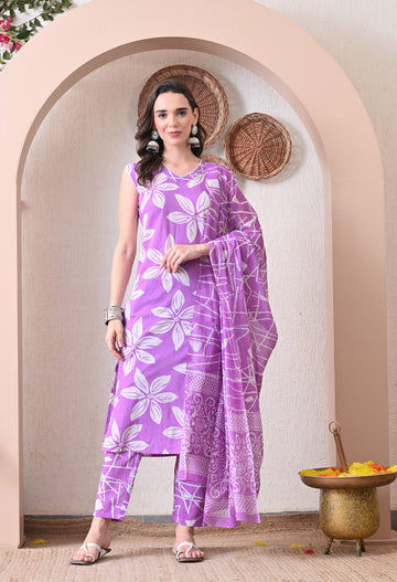 VBA Purple Sleeveless Cotton Kurta Pent Dupatta Set