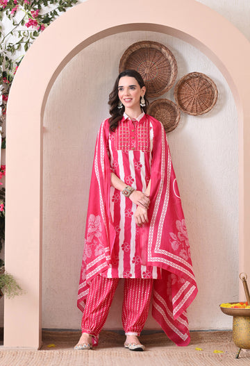 VBA Hot Pink Straight Kurta Pent Dupatta Set