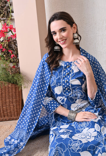 VBA Blue White Straight Kurta Pent Set
