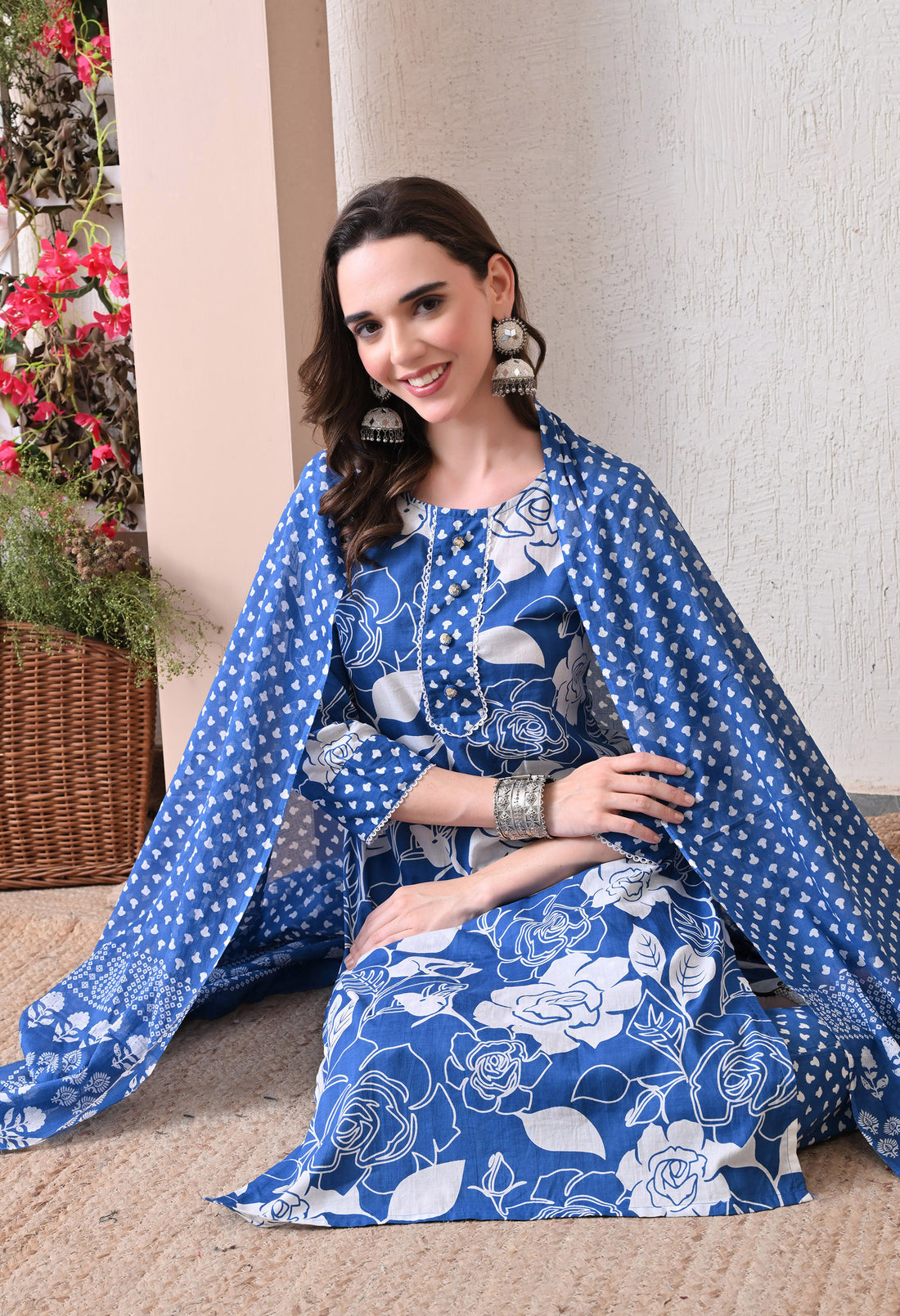 VBA Blue White Straight Kurta Pent Set