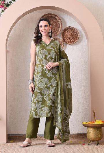 VBA Mehndi Green Sleeveless Kurta Pent Set