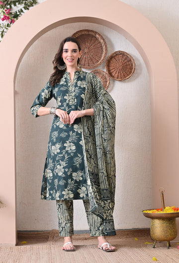 VBA Teal Green Straight Kurta Pent Set