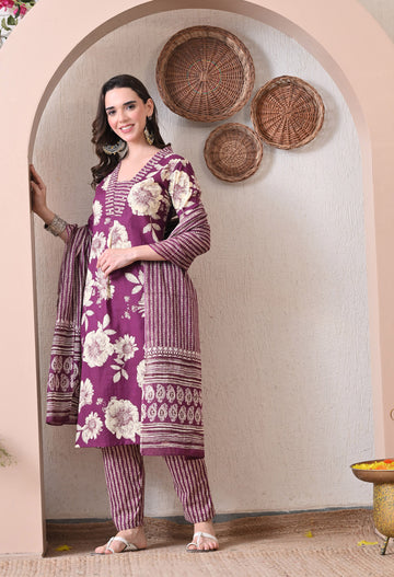 VBA Magenta V-Neck Kurta Pent Dupatta Set