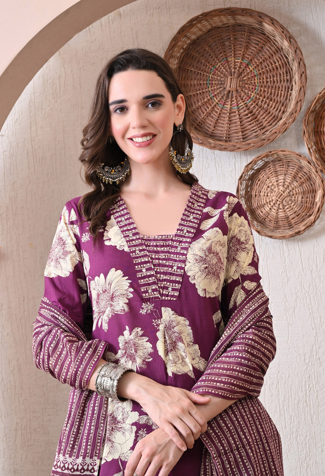 VBA Magenta V-Neck Kurta Pent Dupatta Set