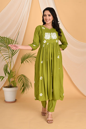 Green Flower embroidery kurta set