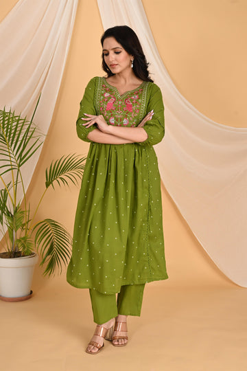 Green Peacock embroidery kurta set