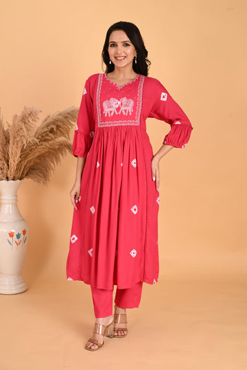 Pink Hathi embroidery kurta set