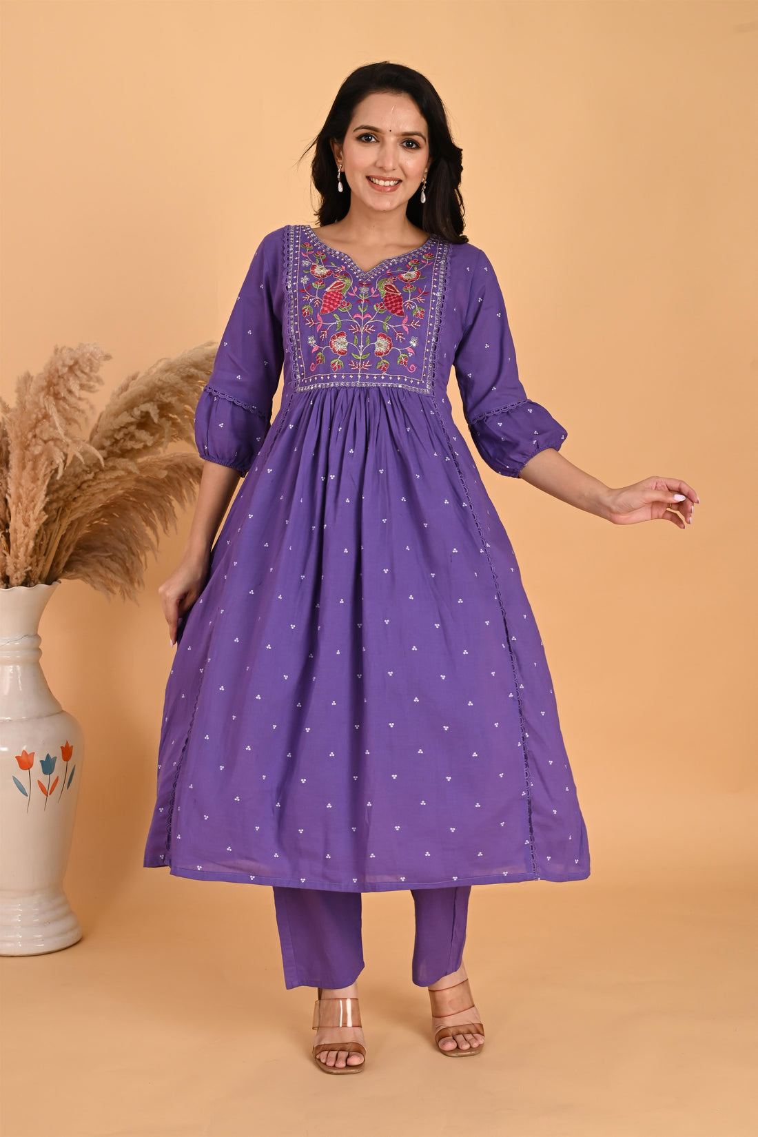 Purple Peacock embroidery kurta set