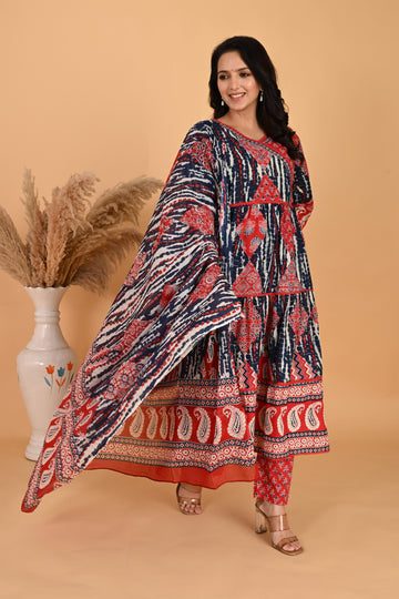 Blue and Red Cotton Anarkali Pant With Dupatta