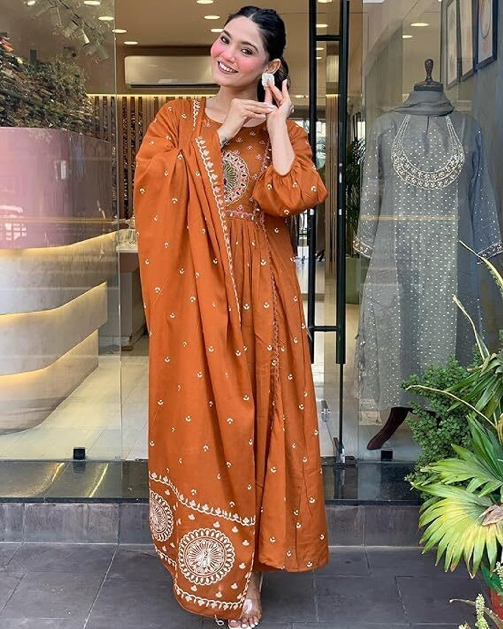 VBA Orange Peacock Embroidery Kurta Dupatta Set