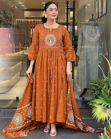 VBA Orange Peacock Embroidery Kurta Dupatta Set