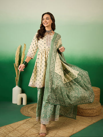 Cream decoris Kurta Sharara Dupatta Set