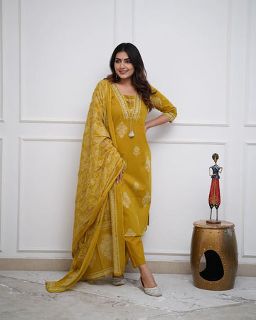 MUSTERED COTTON KURTA PANT WITH DUPATTA