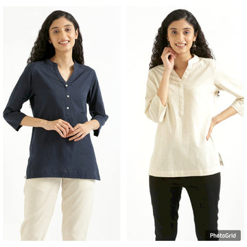 Navy Blue & Beige Solid Linen Comfortable Short Kurta Combo