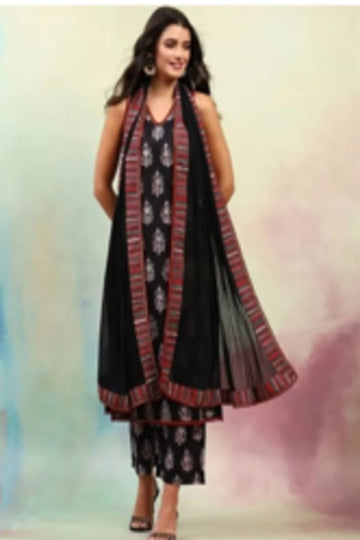 VBA Black Cotton Sleeveless Pure Cotton Kurta Set
