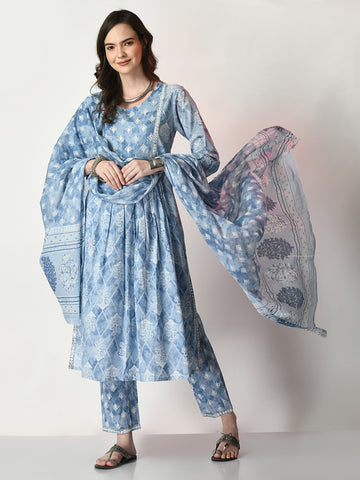 Blue Cotton Kurta Pant Attached Dupatta Set For Women