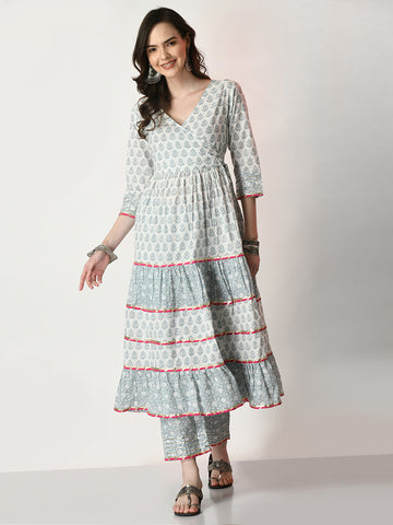 Grey Pure Cotton Printed Kurti And Pant Set