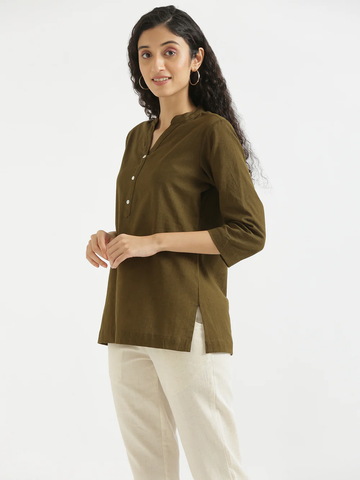 Olive Green Airy Solid Linen Comfortable Short Kurta
