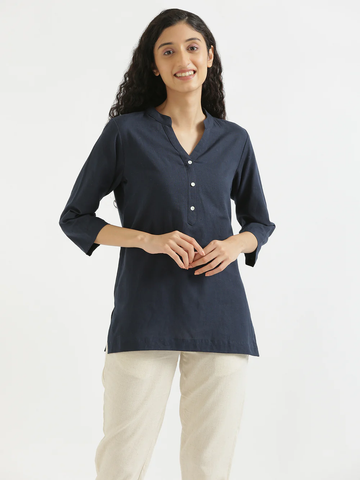 Navy Blue Airy Solid Linen Comfortable Short Kurta