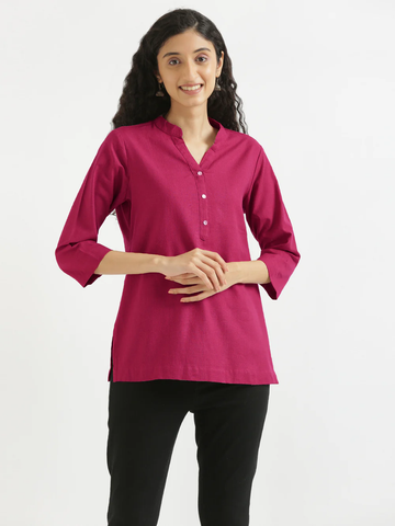 Hot Pink Airy Solid Linen Comfortable Short Kurta