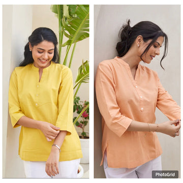 Yellow & Peach Airy Solid Linen Comfortable Short Kurta Combo