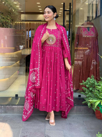VBA Pink Peacock Embroidery Kurta Dupatta Set