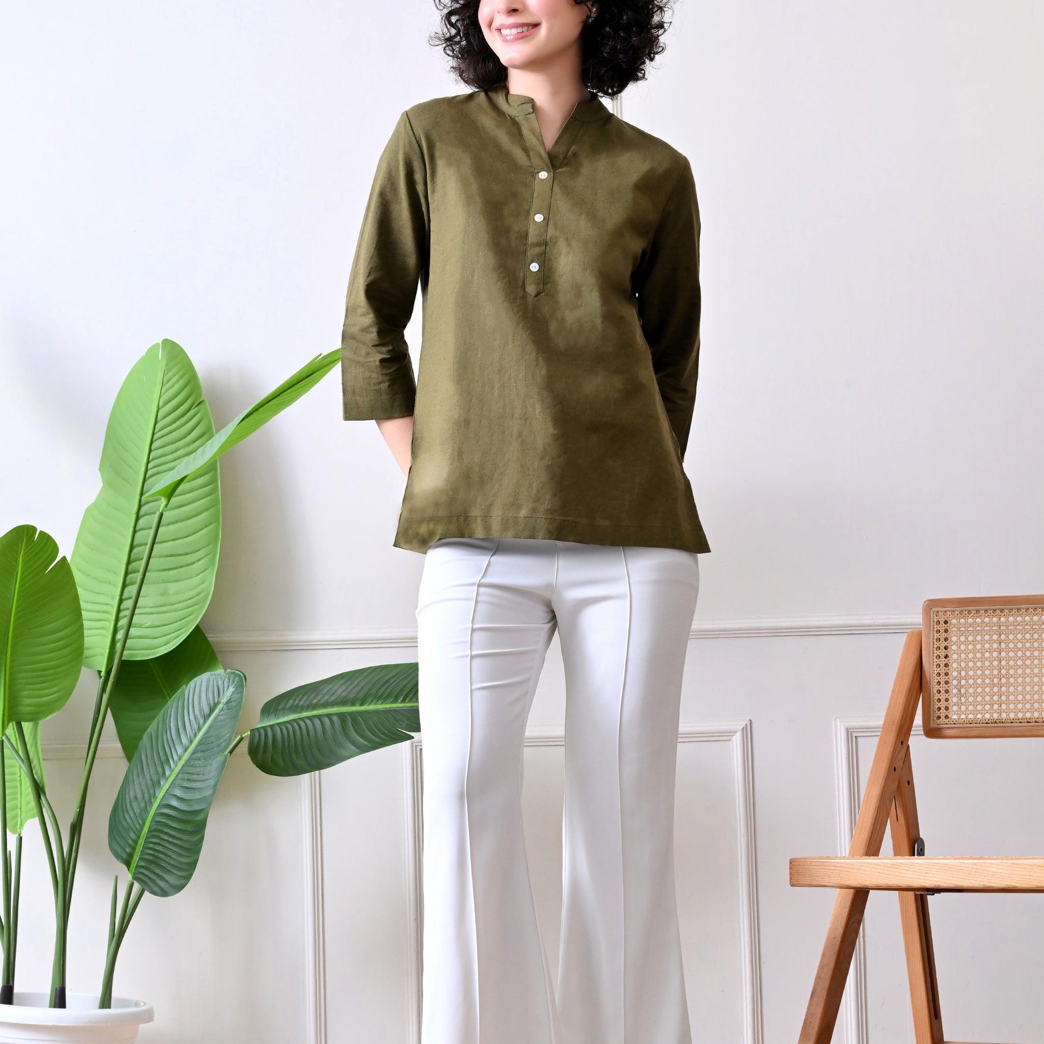 Olive Green Airy Solid Linen Comfortable Short Kurta