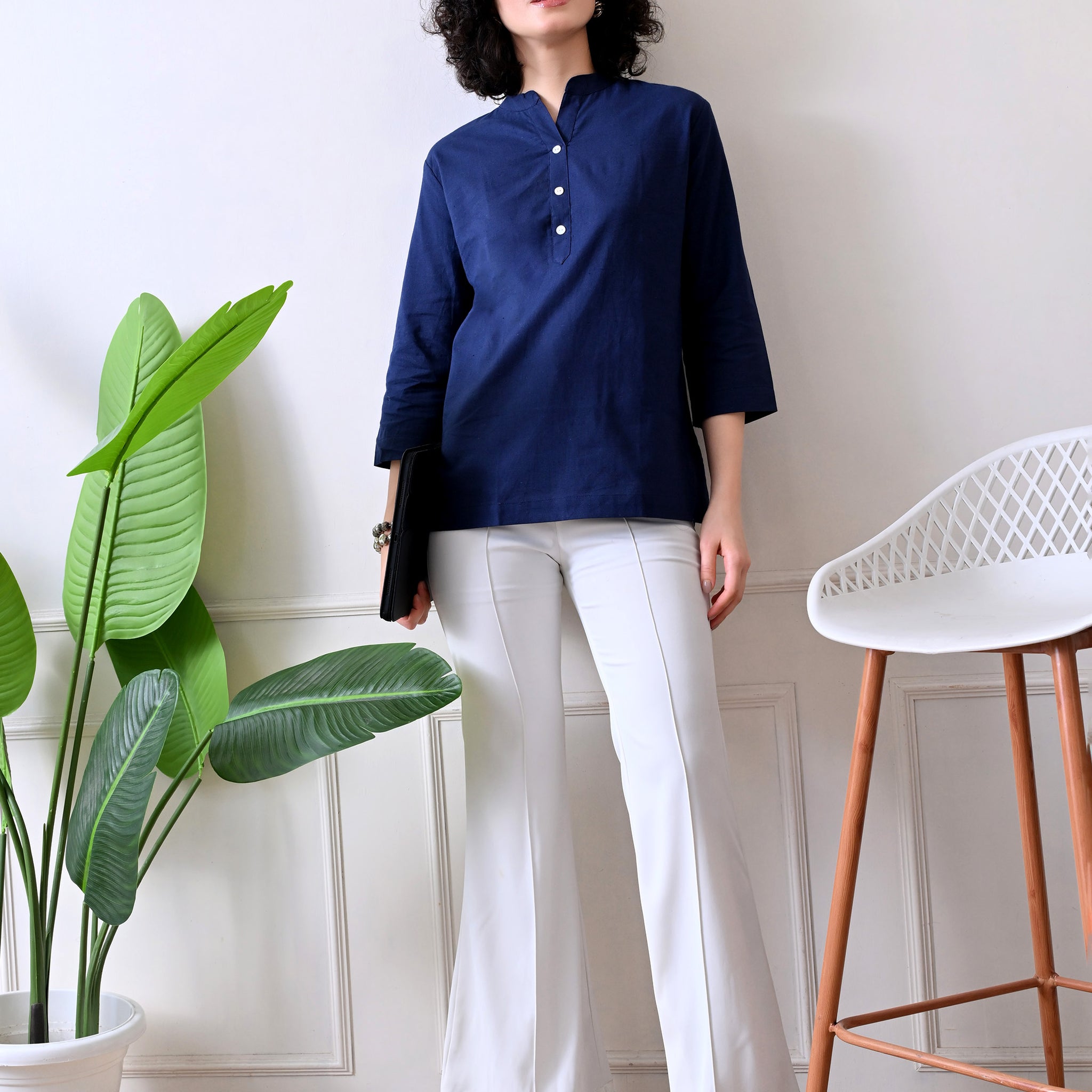 Navy Blue Airy Solid Linen Comfortable Short Kurta