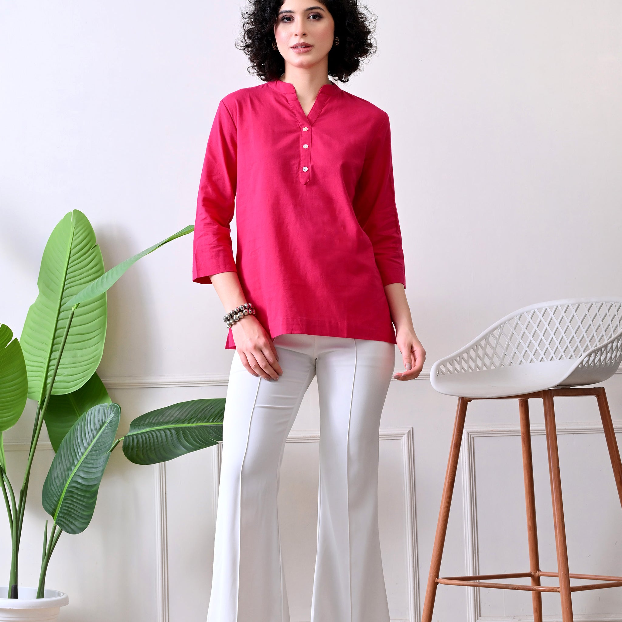 Hot Pink Airy Solid Linen Comfortable Short Kurta