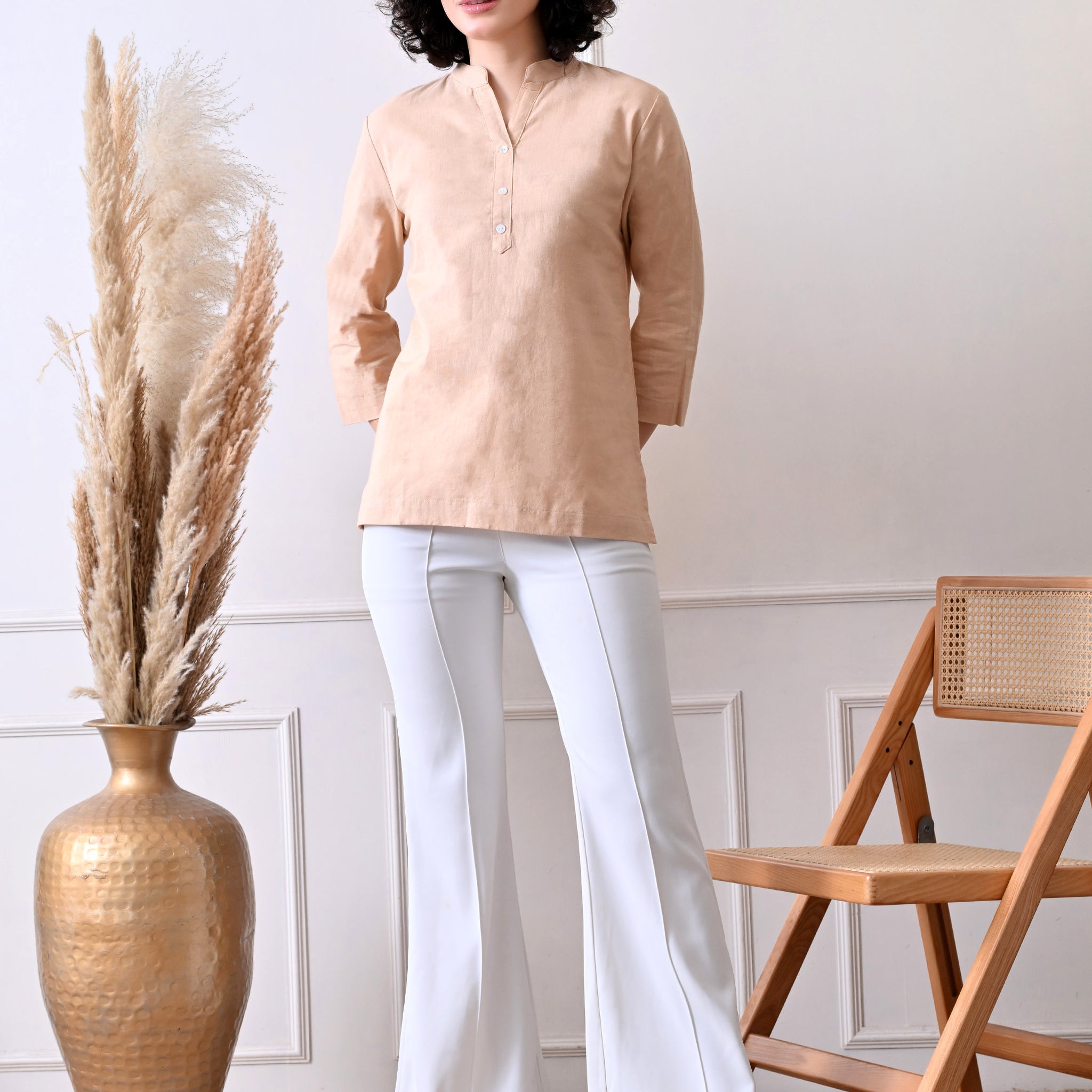 Beige Solid Linen Comfortable Short Kurta