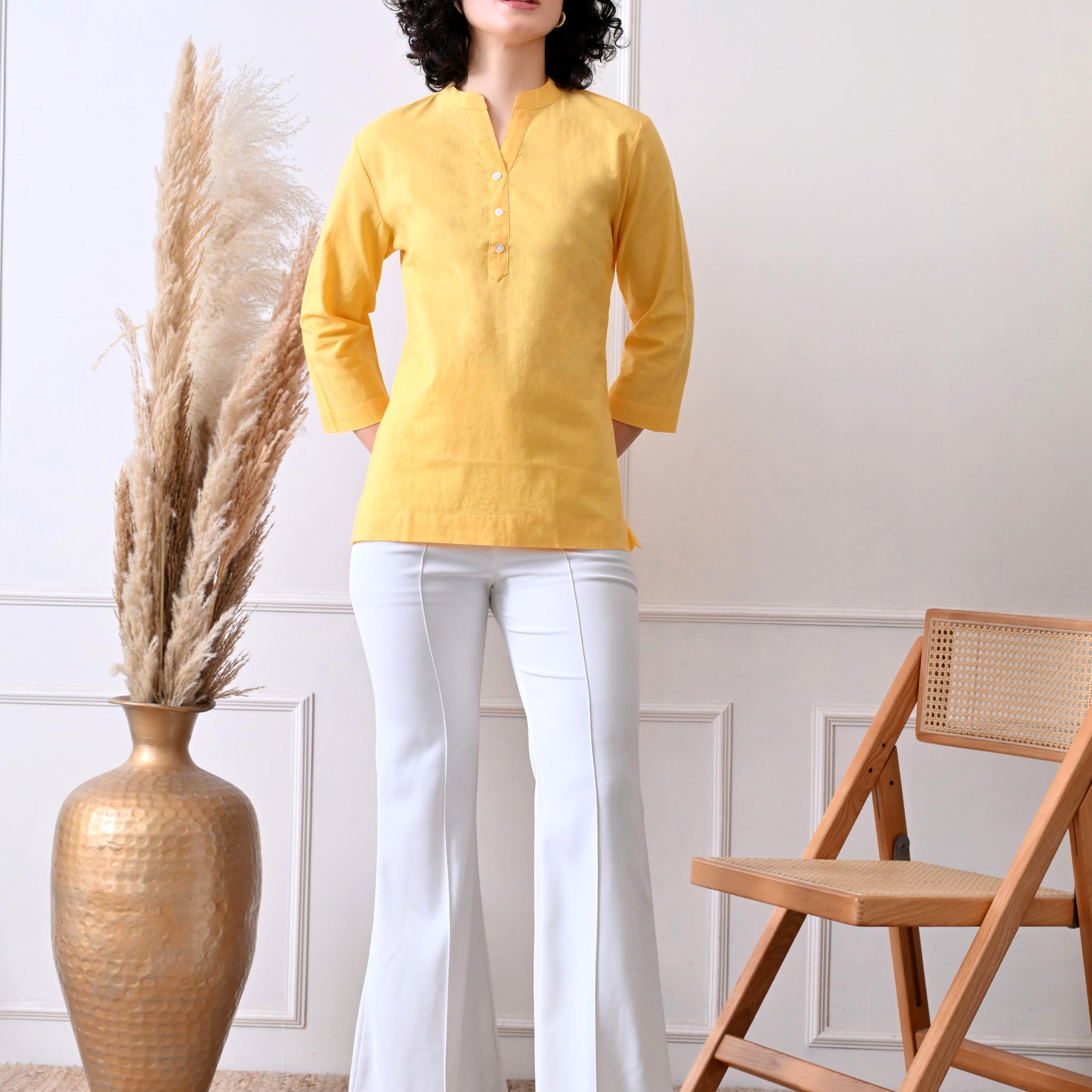 Yellow Airy Solid Linen Comfortable Short Kurta