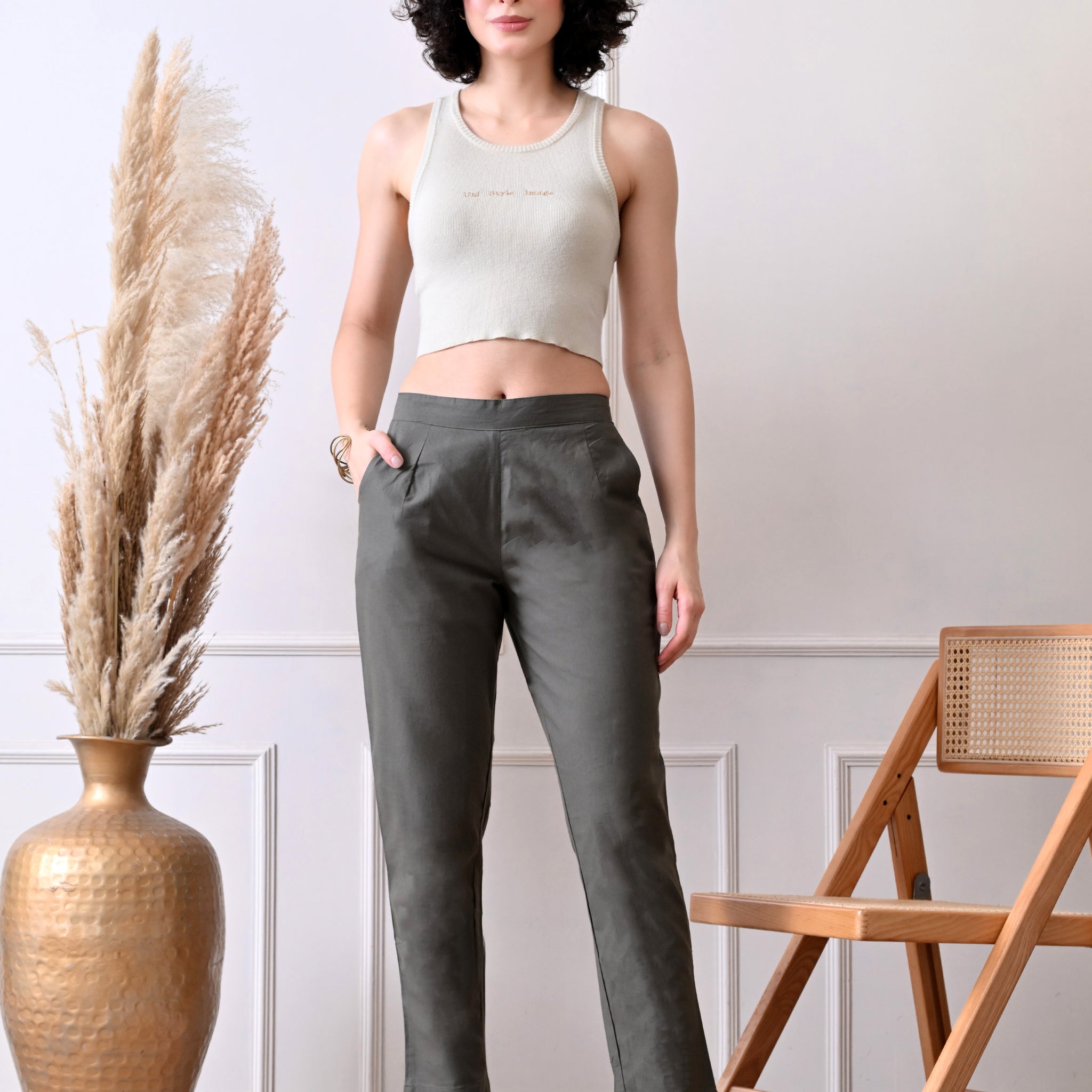Grey Everyday Solid Airy Linen Cotton Pant