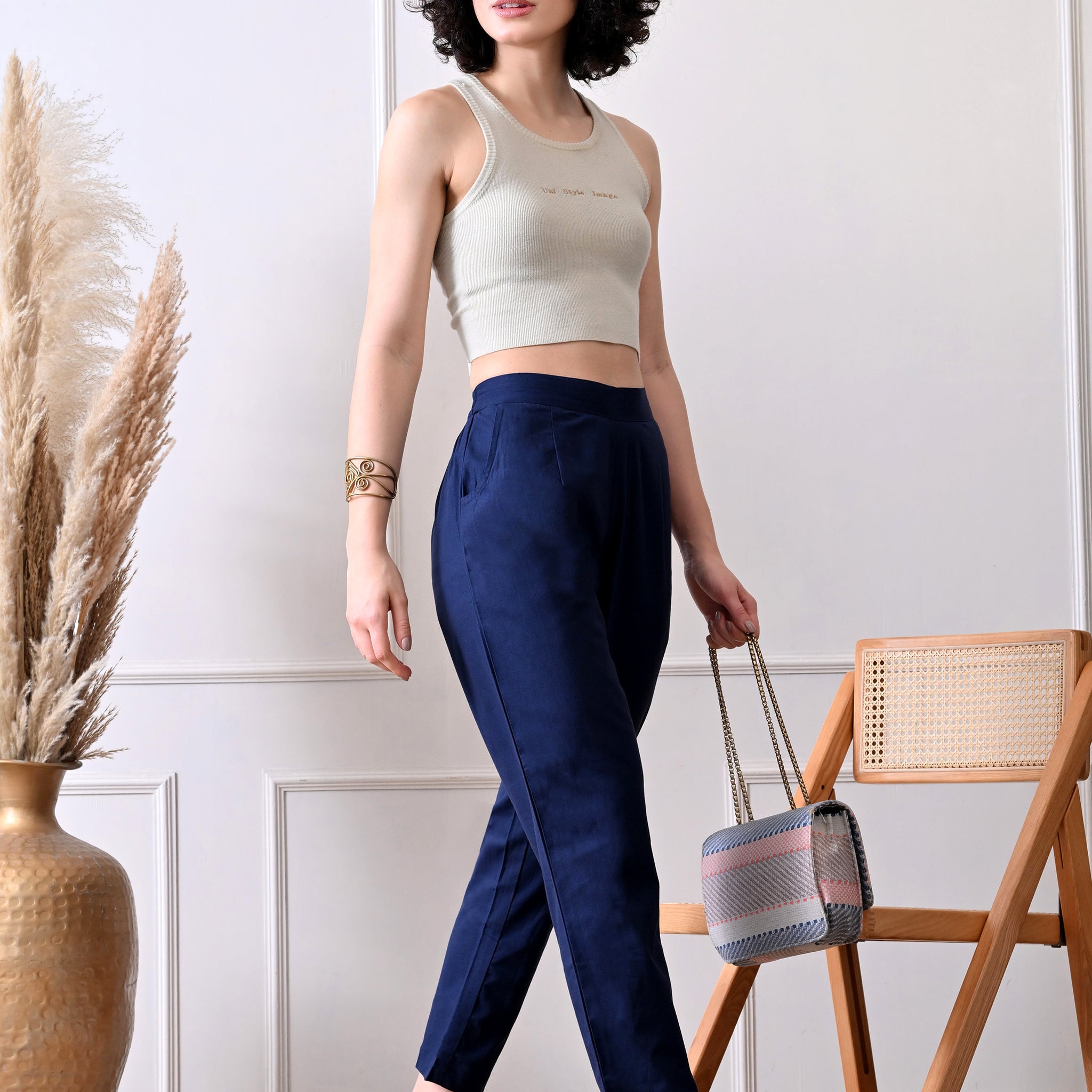 Navy Blue Everyday Solid Airy Linen Cotton Pant