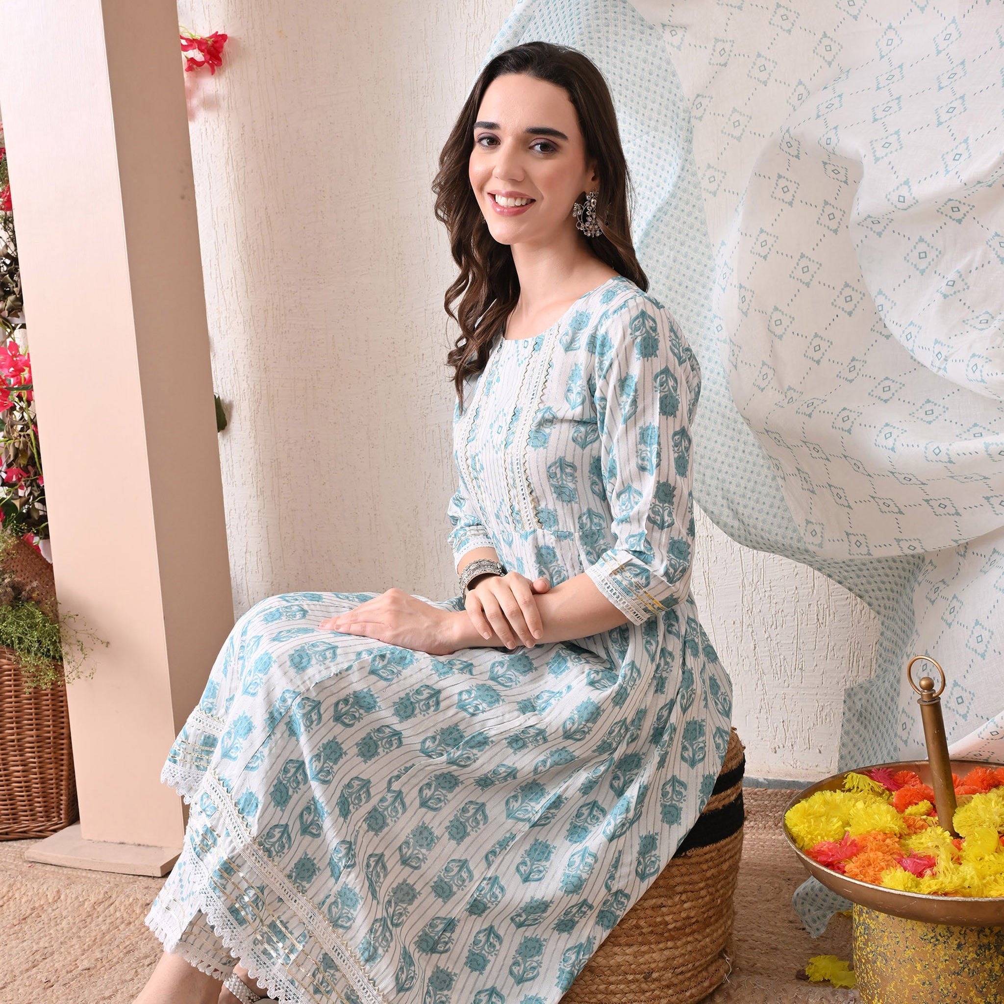 VBA White Rayon A-line Kurta Pent Dupatta Set