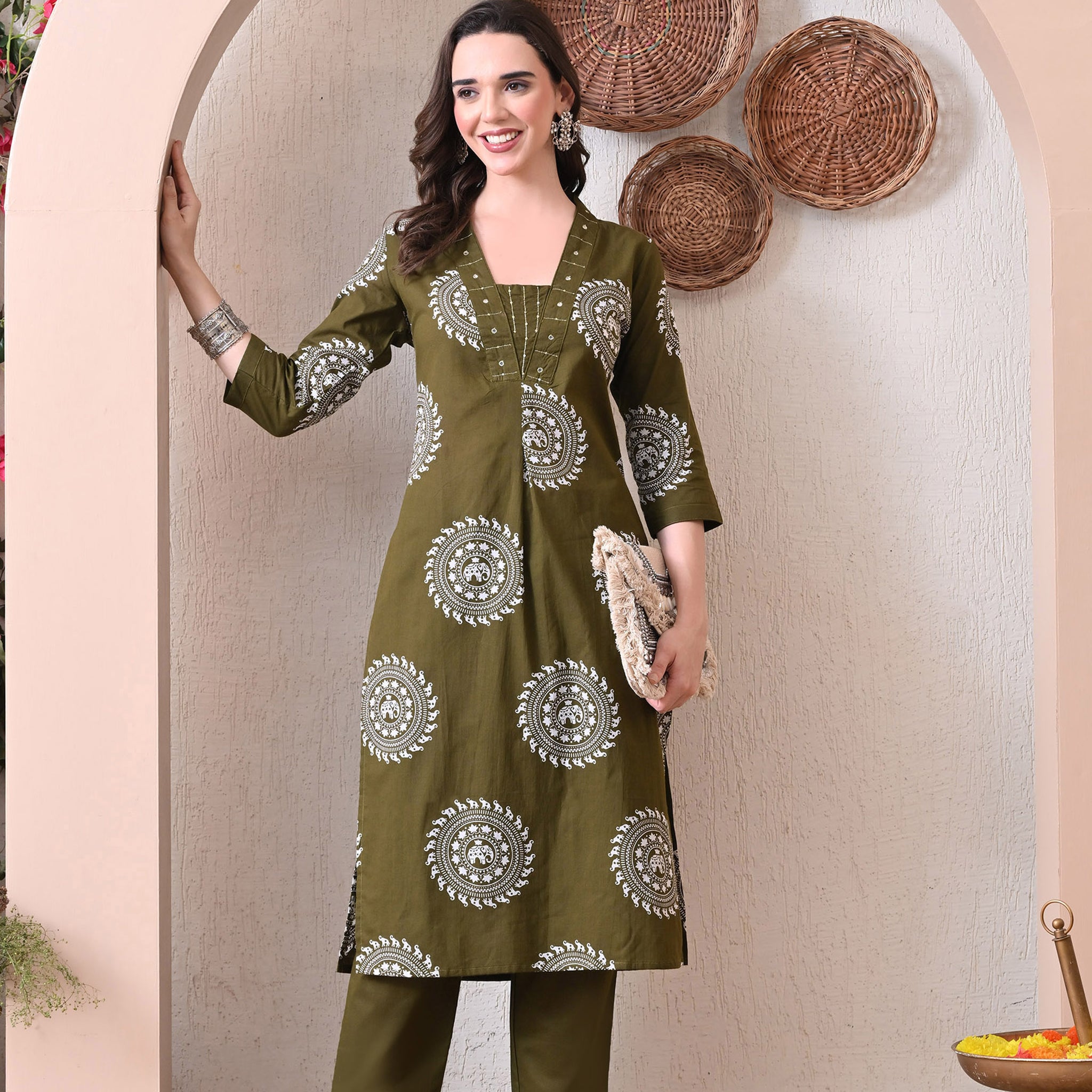 VBA Mehndi Green Cotton Kurta Set