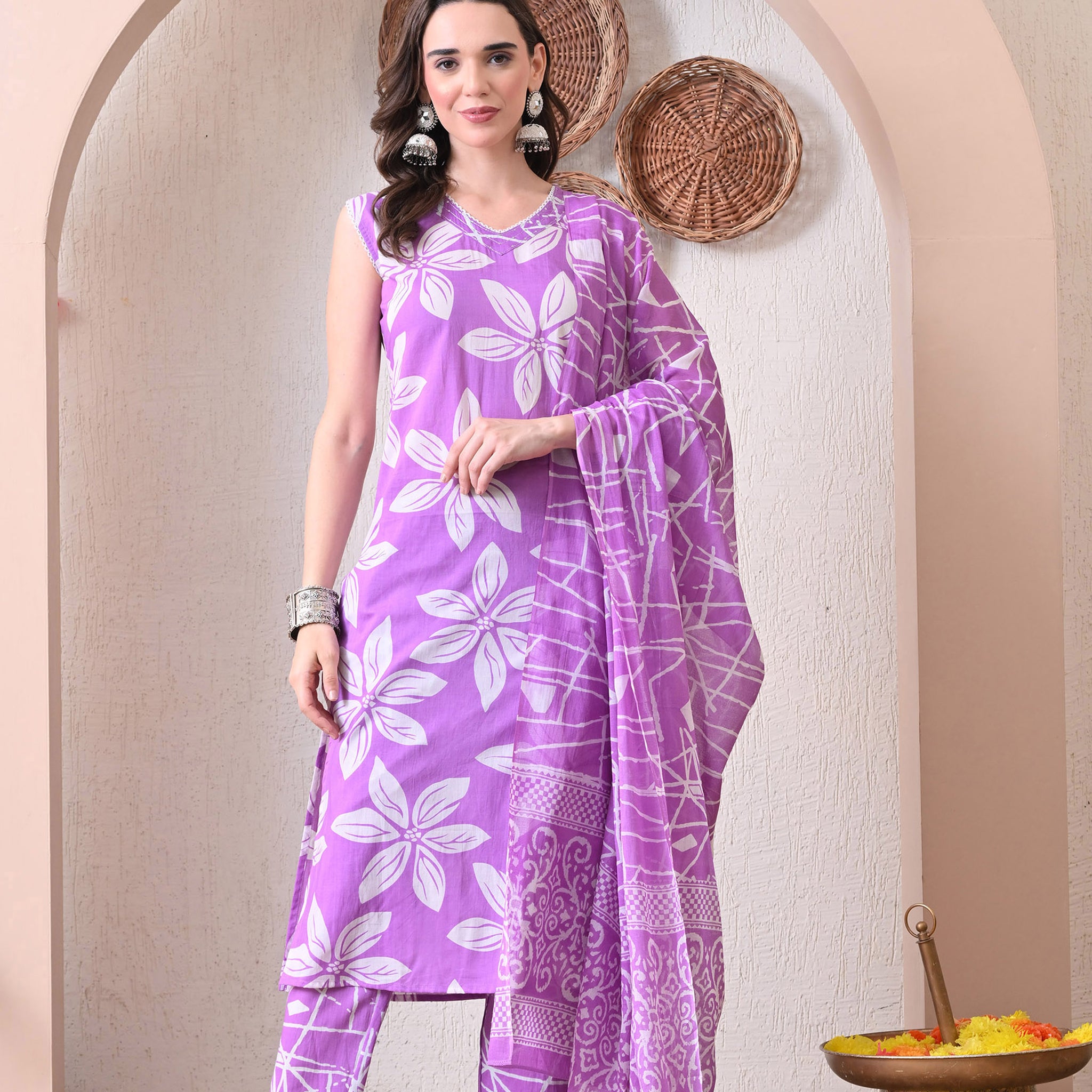 VBA Purple Sleeveless Cotton Kurta Pent Dupatta Set